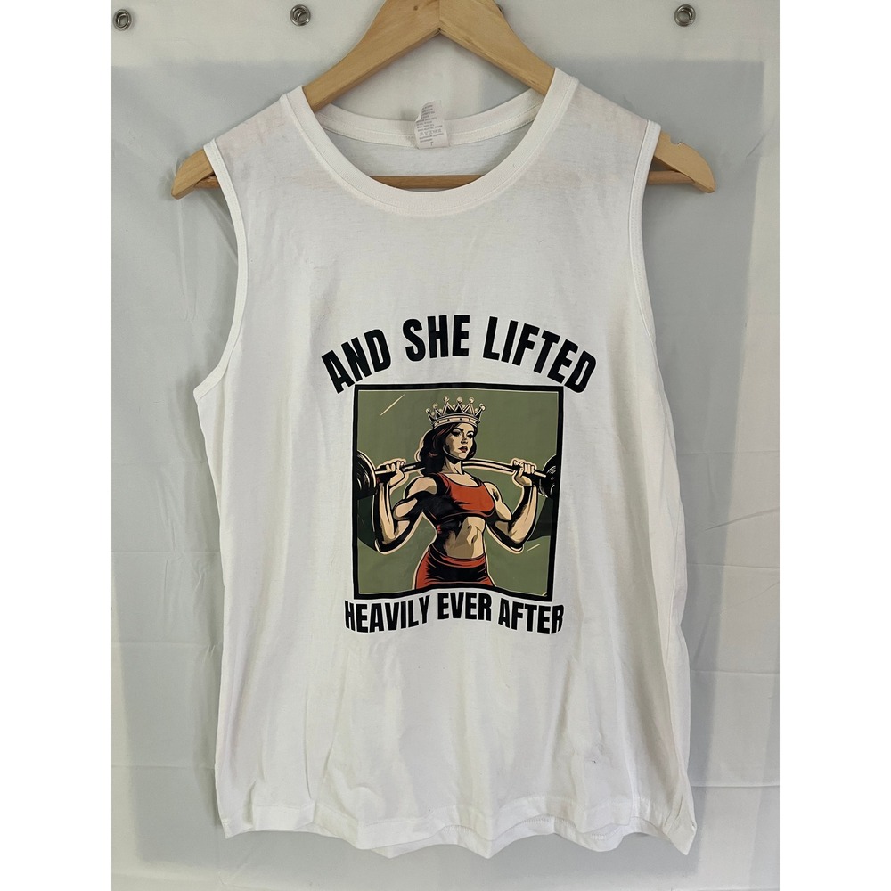 White Graphic Muscle Tank Top And She Lifted Heavily Ever After Gym Tee Large